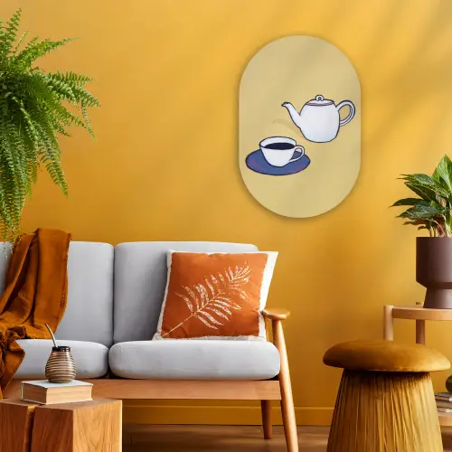 Theepot - Kopje - Beige - Illustratie Wandcirkel Ovaal Forex klein -sfeer4