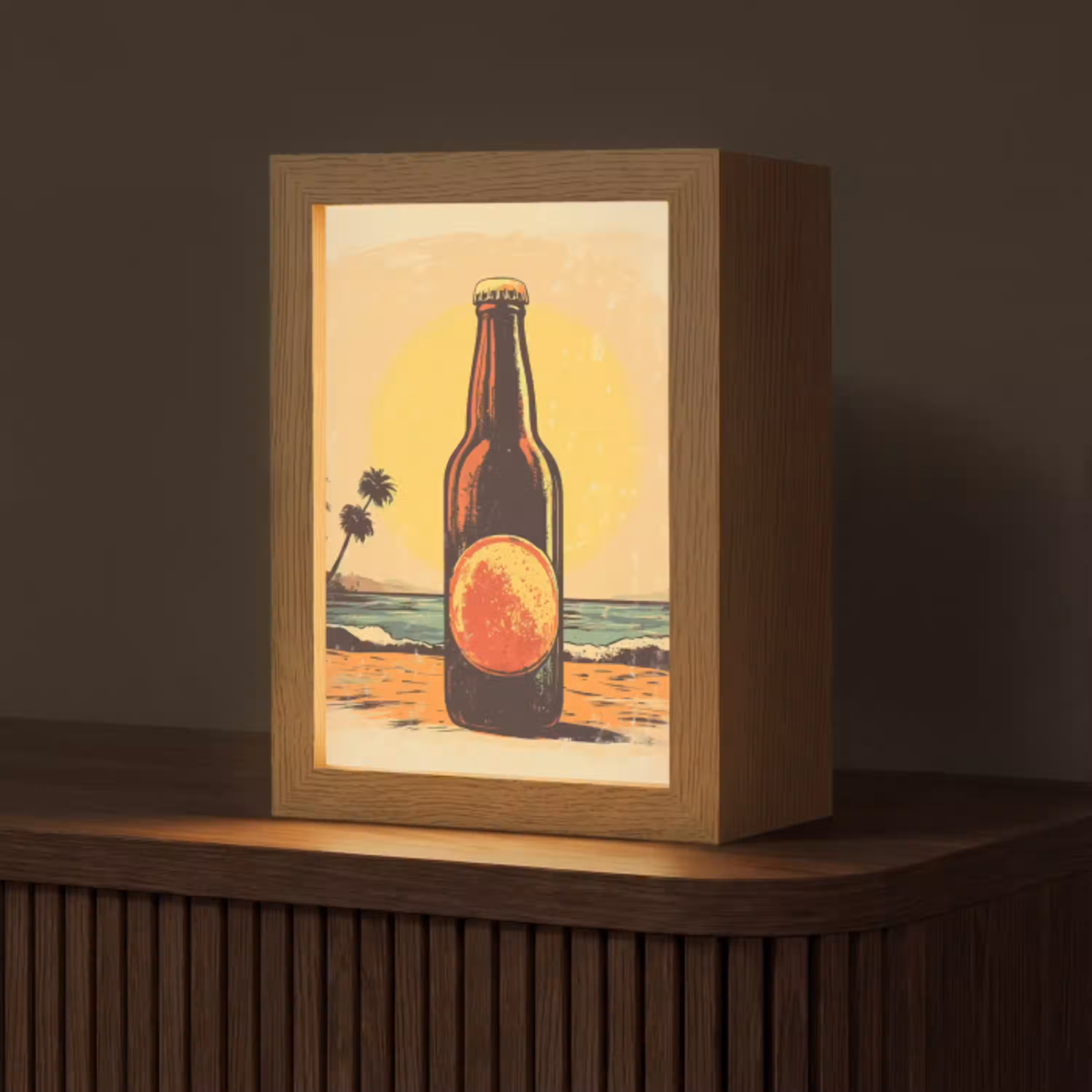 Bierfles - Zonsondergang - Palmbomen - Zee Light Box met kabel (Tafellamp) klein -z3d_website