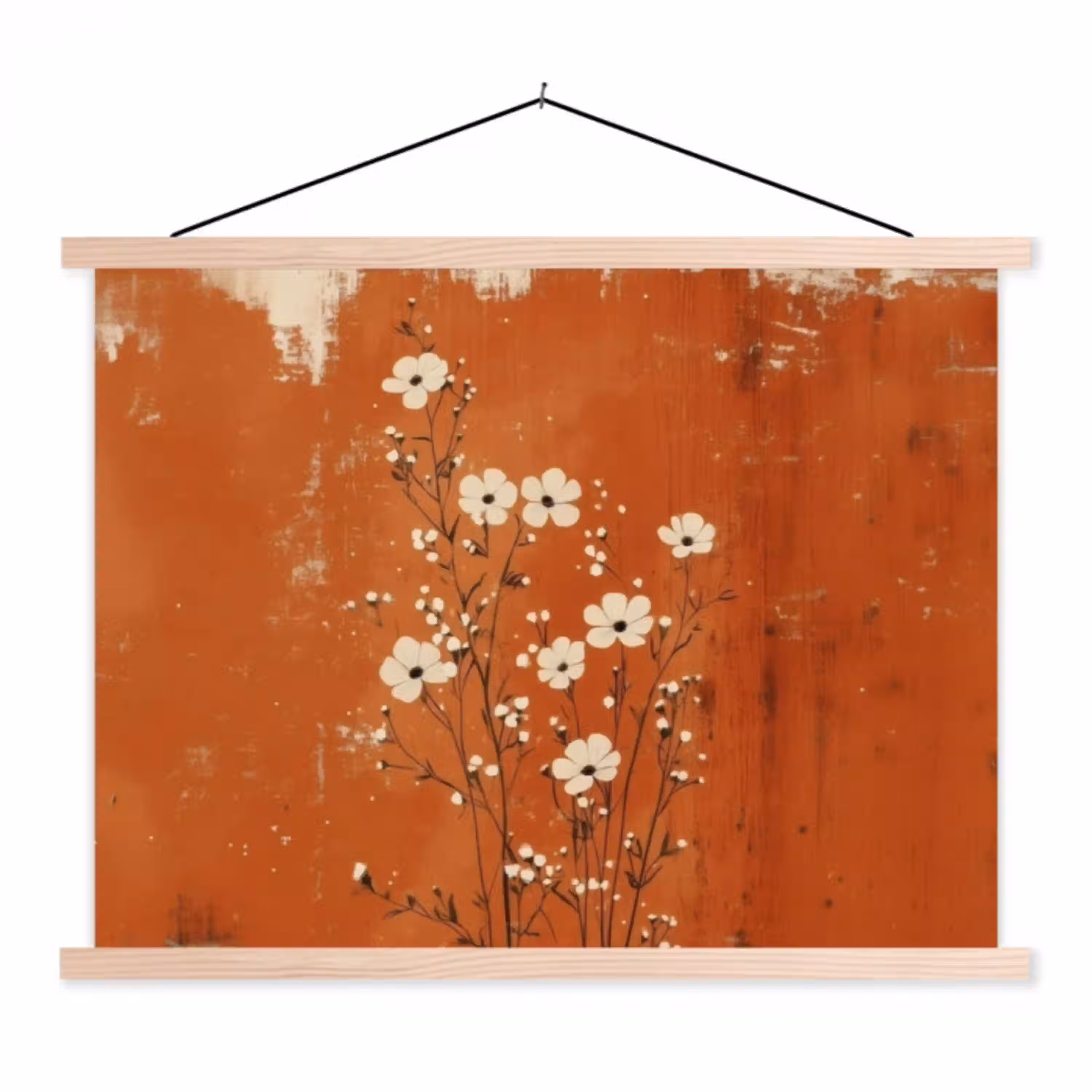 Bloemen - Wit - Subtiel - Roestkleur textielposter latten blank klein -3d