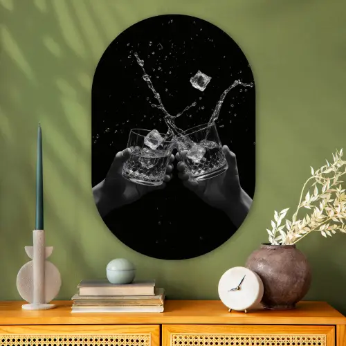 Whiskyglazen - Ijs - Spetters - Zwart Wandcirkel Ovaal Glas middel -sfeer2
