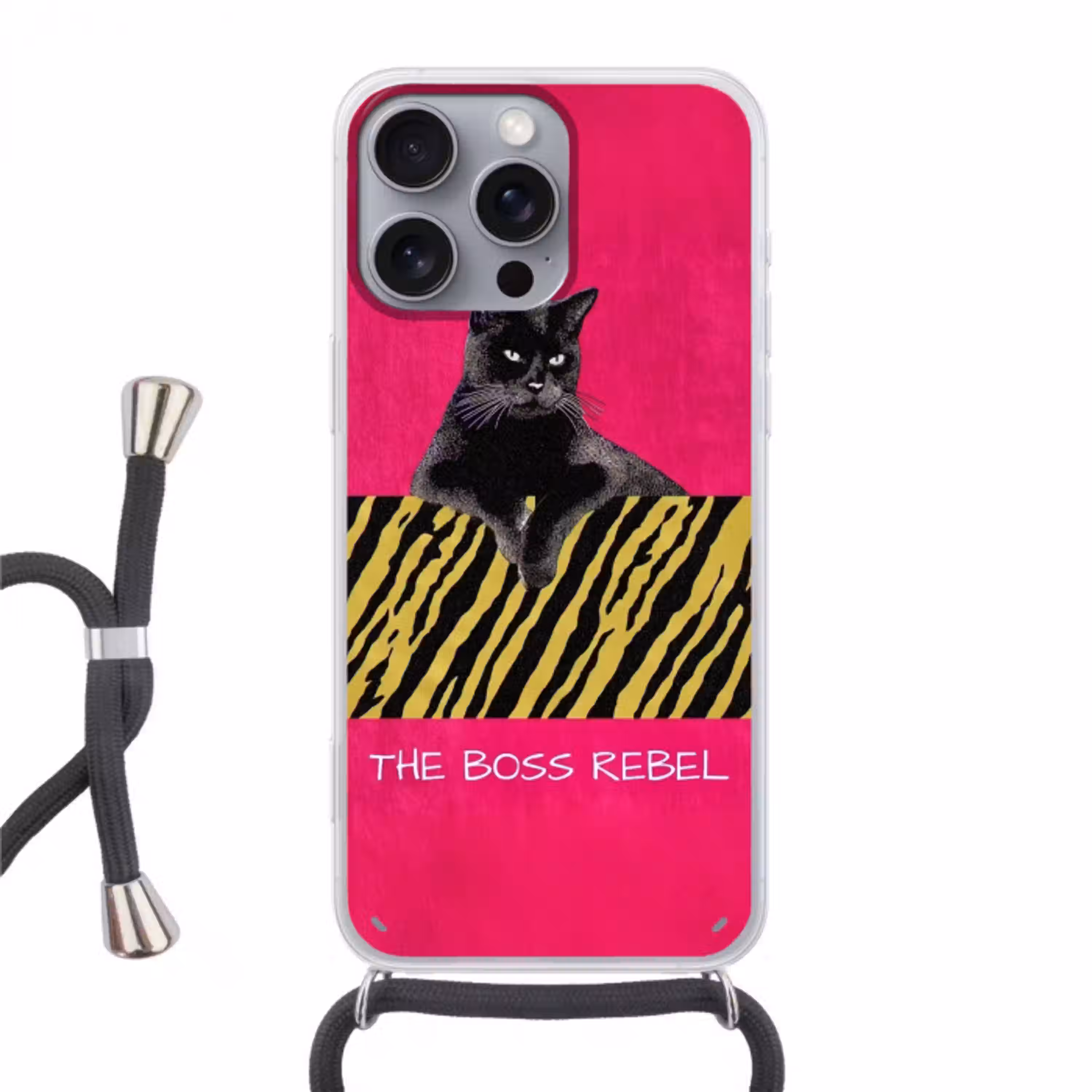 Kat - Baas - Roze - Tijgerprint Hoesje iPhone 16 Pro Max met koord klein -3d