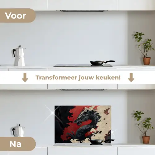 Zwarte draak - Rookwolken - Rood keuken achterwand spatscherm klein -voor_na_NL