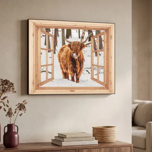 Schotse Hooglander - Winter - Landschap - Natuur - Dieren - Doorkijk Textielframe zwart klein -sfeer3