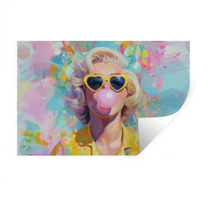 Vrouw - Blond - Roze kauwgom - Kleurrijk - Pastel Muursticker klein -3d