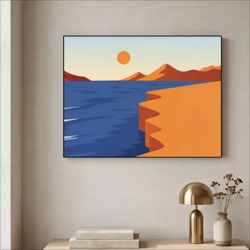 Landschap - Bergen - Zon - Zee Textielframe zwart klein -sfeer2