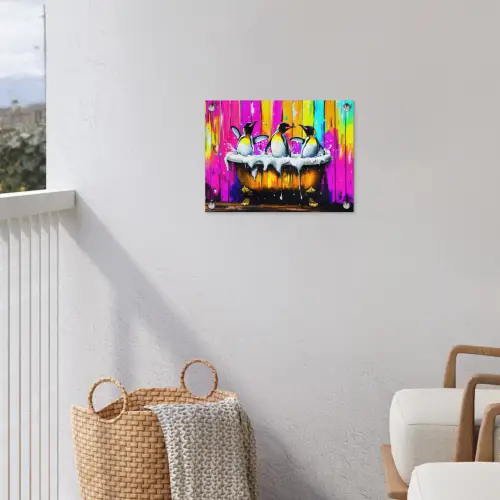 Pinguïns - Badkuip - Kleurrijk - Schuim tuinposter los doek klein -sfeer8