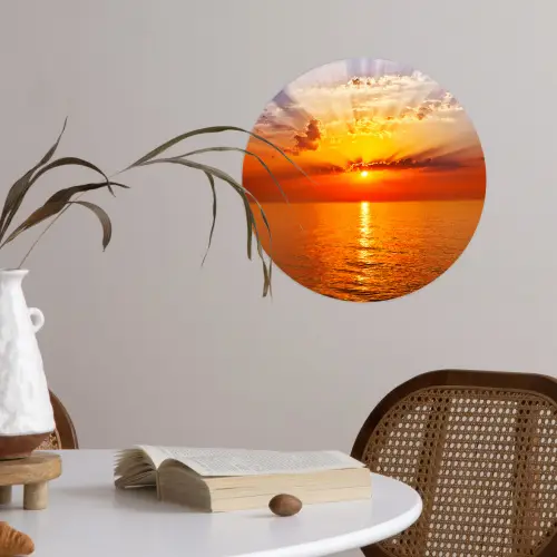 Zonsondergang - Zee - Lucht - Oranje - Horizon - Water Wandcirkel behangsticker klein -sfeer3