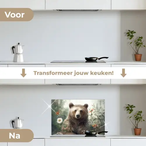 Bruine beer - Wilde dieren - Bloemen - Planten keuken achterwand spatscherm klein -voor_na_NL