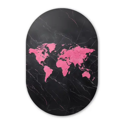 Wereldkaart - Roze - Marmer Wandcirkel Ovaal Glas middel -3d