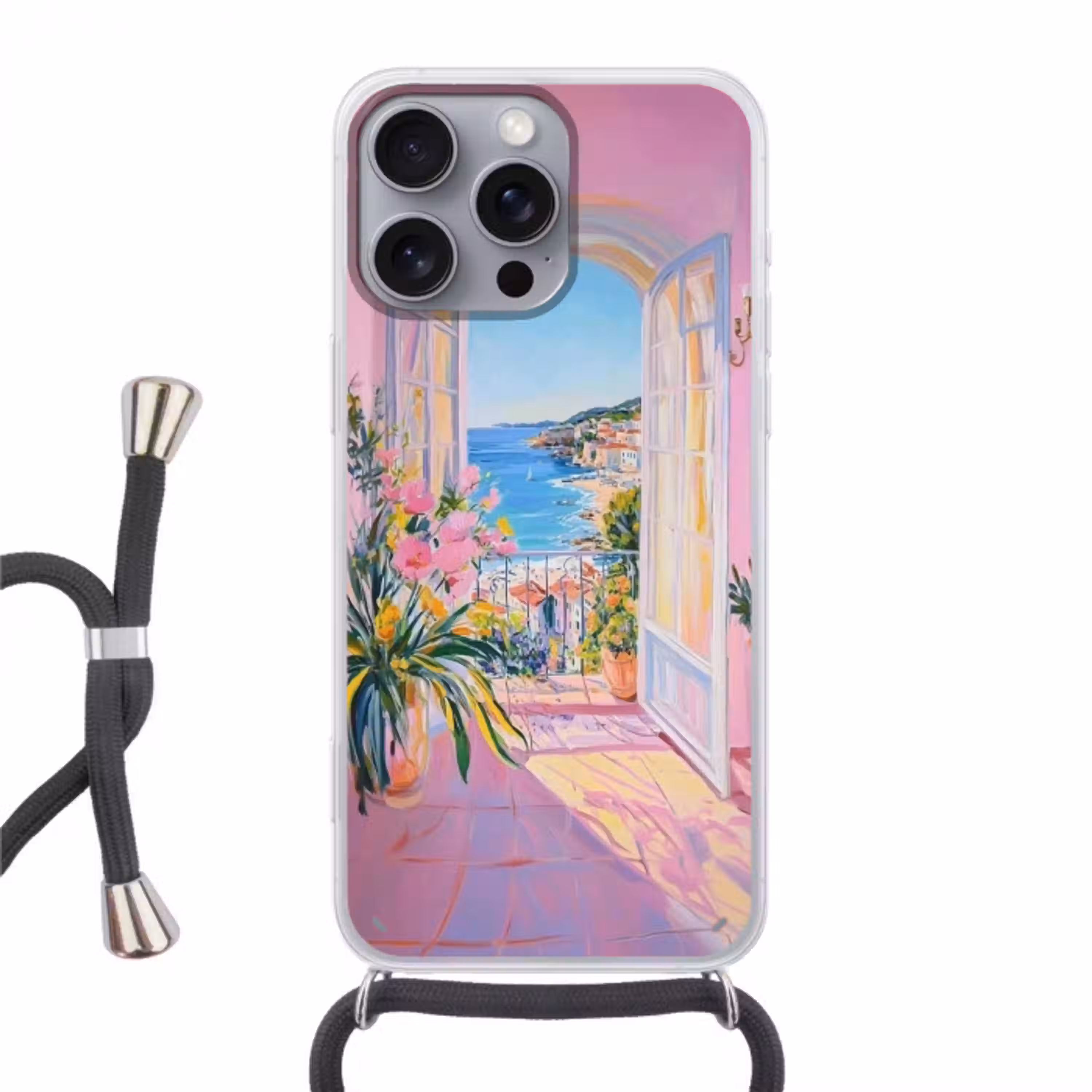 Roze - Buiten - Verf Hoesje iPhone 16 Pro Max met koord klein -3d