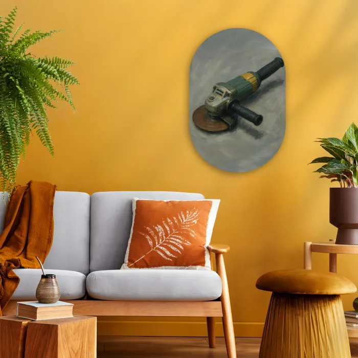 Haakse slijper - Schilderij - Gereedschap Wandcirkel Ovaal Forex klein -sfeer4
