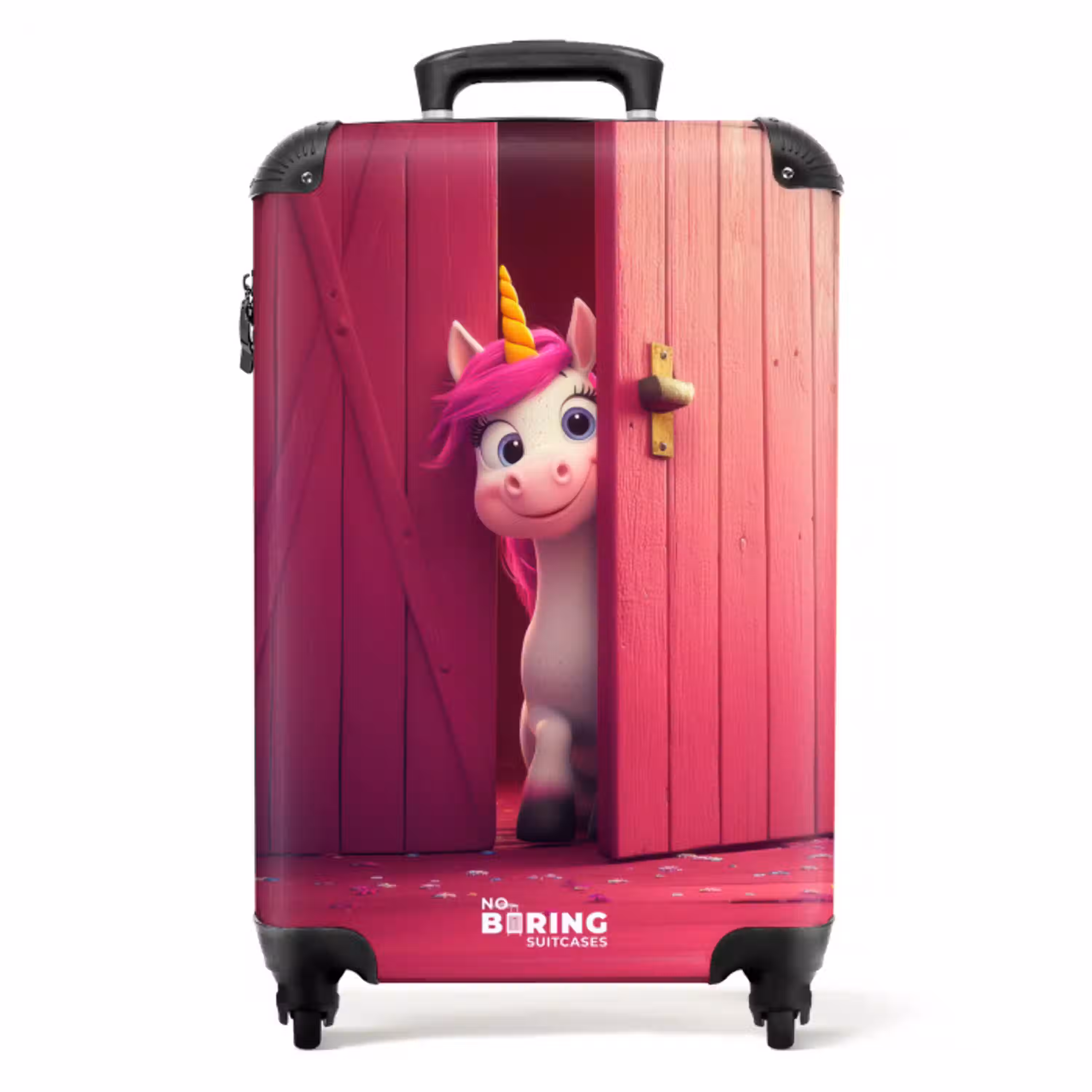 Eenhoorn met roze manen achter roze deur NBS - Handbagage koffer - Kinderen Unisex middel -productfoto_recht