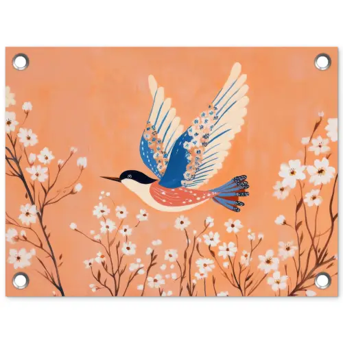 Vogel - Bloesemtakken - Warm - Kleurrijk tuinposter los doek klein -3d