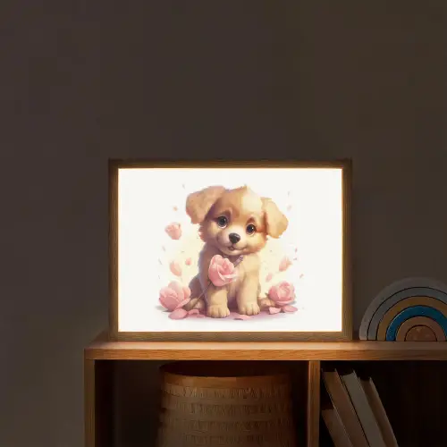Hond - Bloemen - Roze - Meisjes - Kind Light Box met batterij (Wandlamp kind) middel -sfeer1_kind