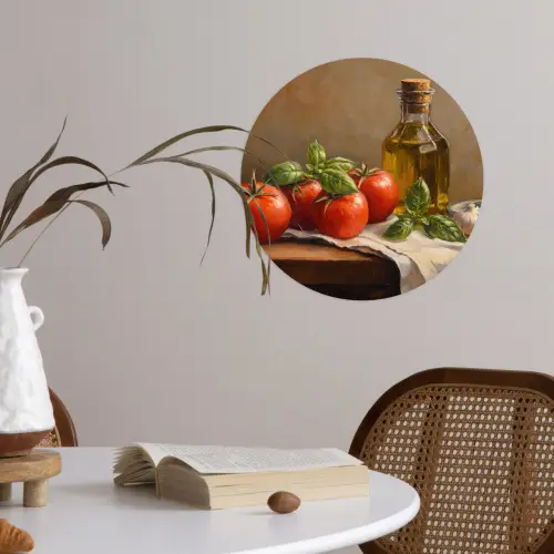 Tomaten - Olijfolie - Stilleven Wandcirkel behangsticker klein -sfeer3
