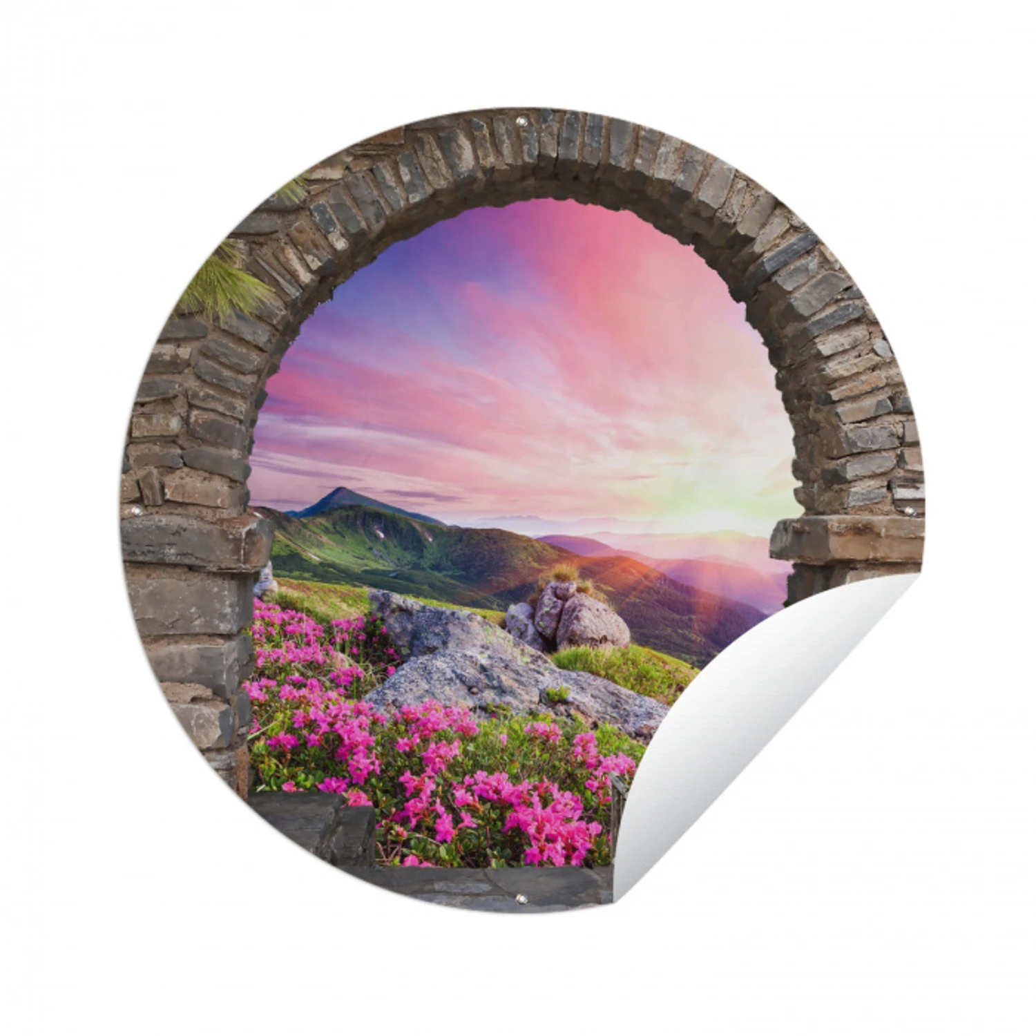 Landschap - Doorkijk - Bloemen - Berg Wandcirkel tuinposter met ringen klein -3d