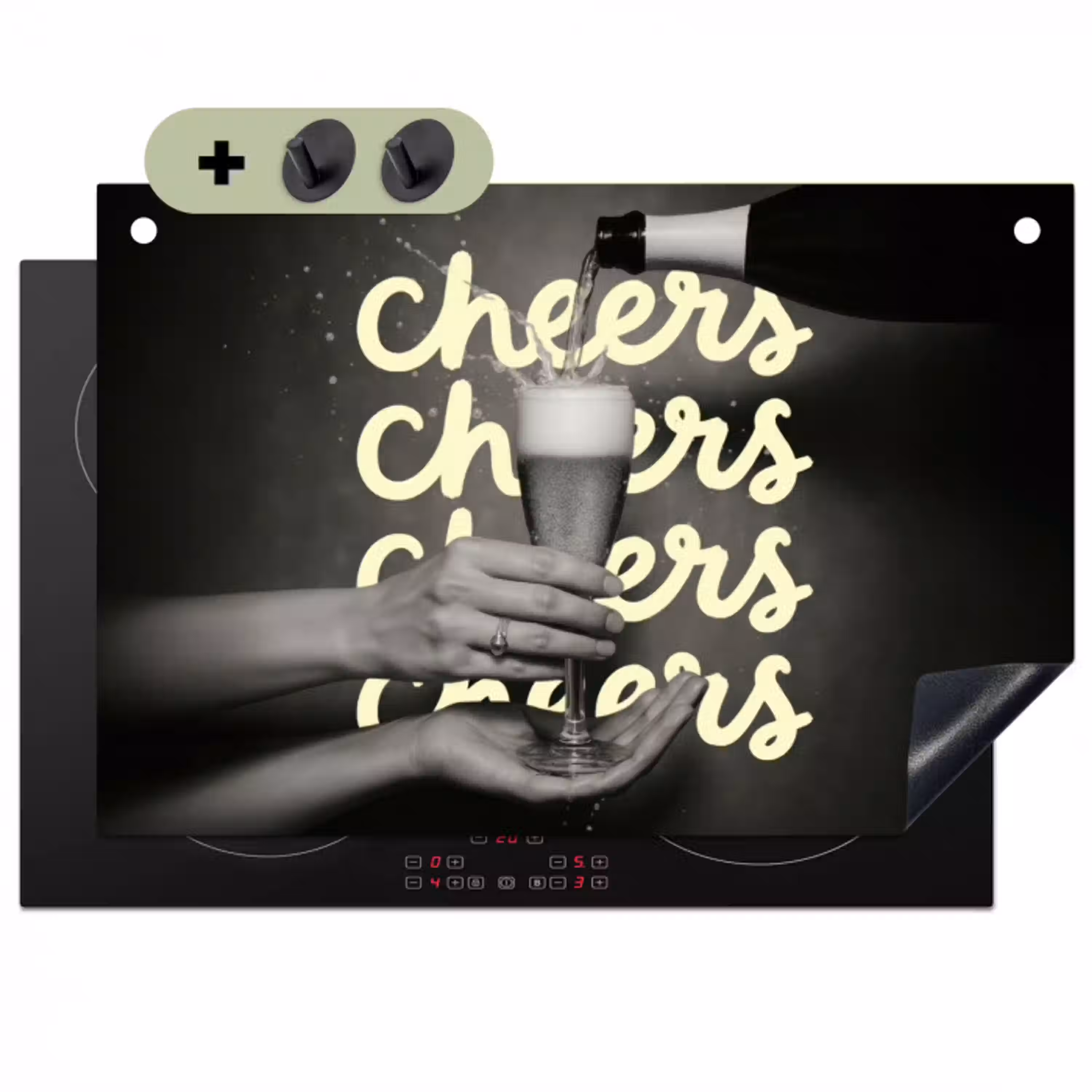 Cheers - Wijn - Zwart - Wit Inductie beschemer met haakjes klein -3d