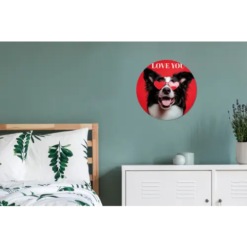 Hond - Hartjesbril - Loveyou - Rood Wandcirkel aluminium klein -slaapkamer