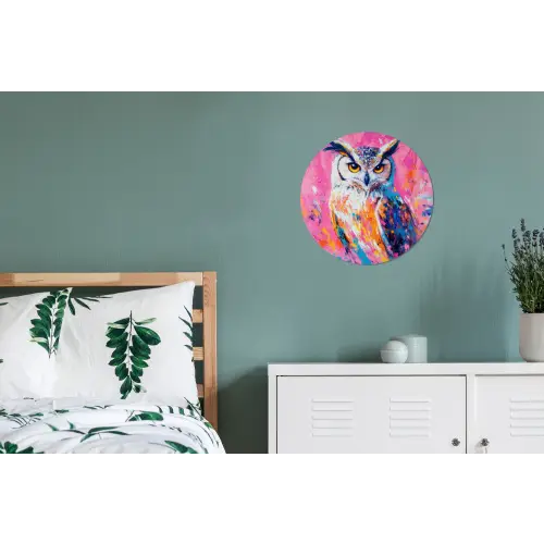 Uil - Roze - Blauw - Verf - Abstract Wandcirkel aluminium klein -slaapkamer