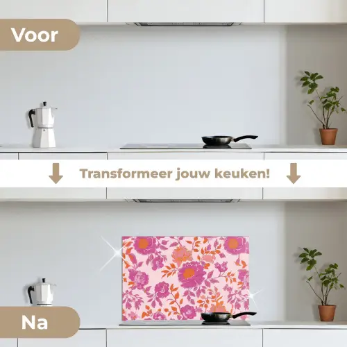 Bloemenpatroon - Roze - Oranje - Bloemen keuken achterwand spatscherm klein -voor_na_NL
