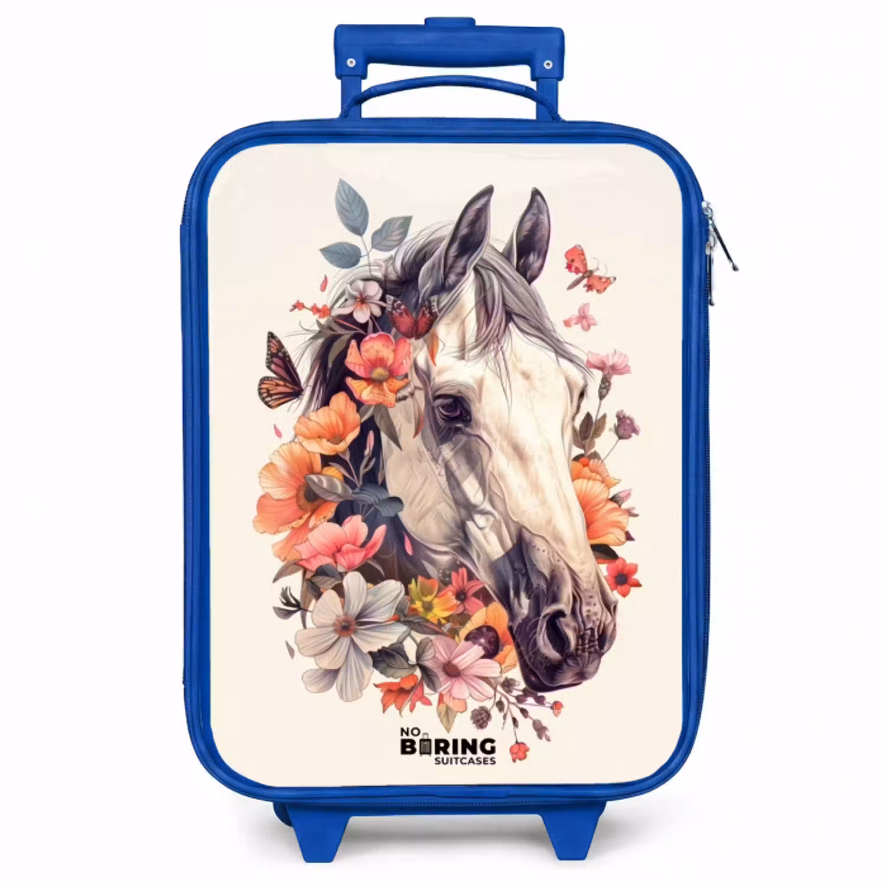 Wit paardenhoofd omringd door bloemen en vlinders Kinderkoffer - Blauw klein -zzz_website3d