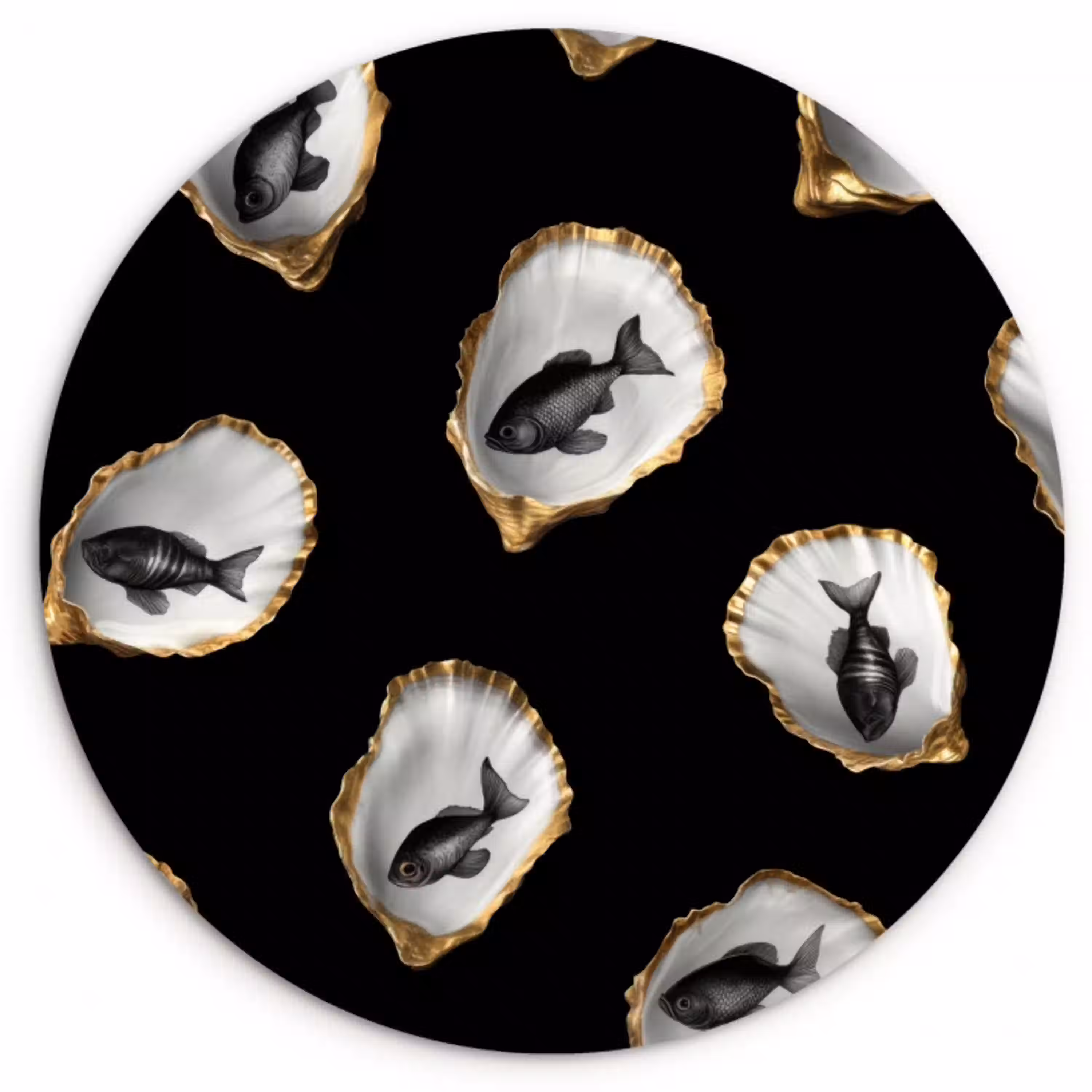 Oesters - Zwart - Vissen - Goud Wandcirkel kunststof plaat 5mm dik klein -3d