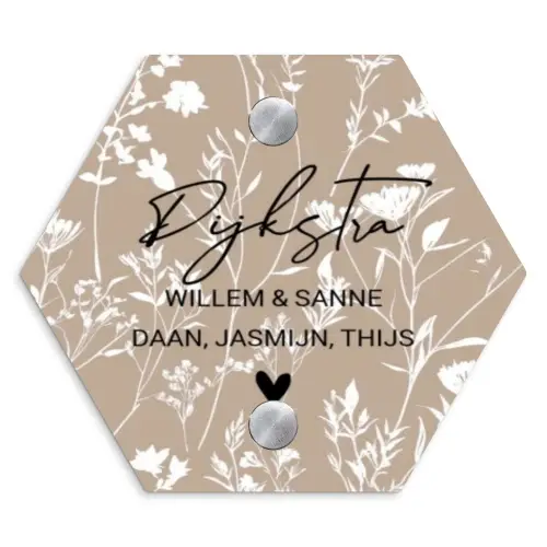 Beige bloemmotief - Sierlijk Naambord Hexagon klein -3d
