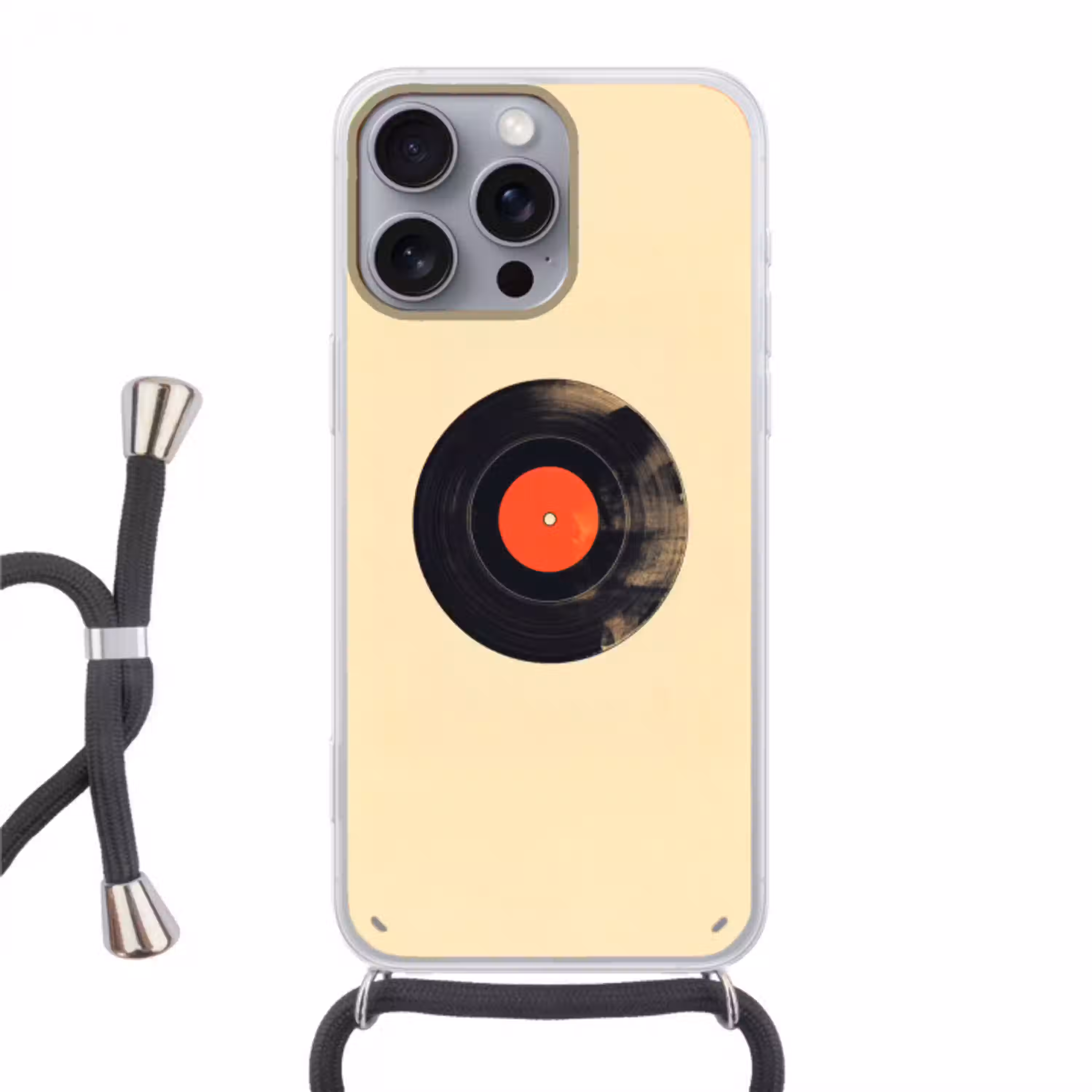 Illustratie - Vinylplaat - Beige - Vintage Hoesje iPhone 16 Pro Max met koord klein -3d