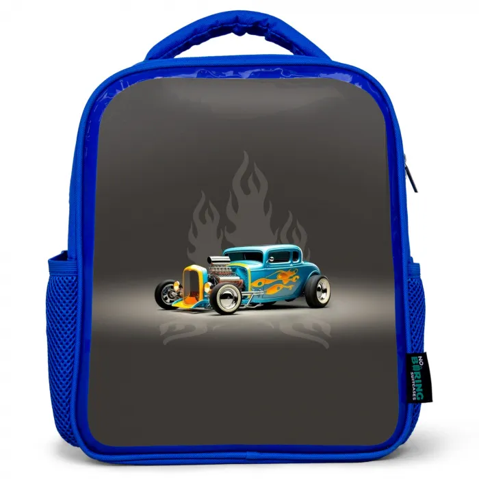 Blauwe auto met grijze vlammen Kinderrugzak - Blauw middel -3d