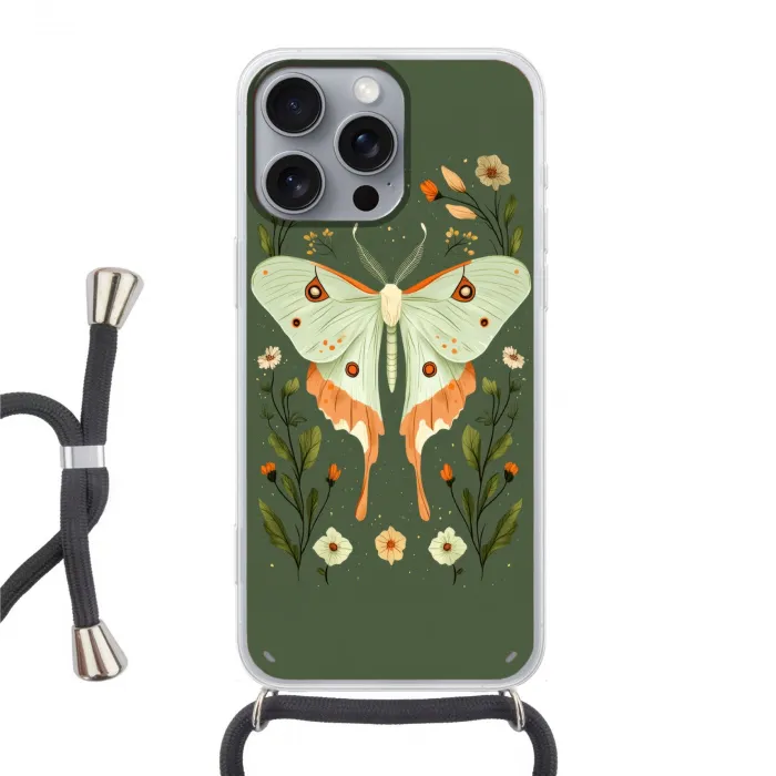 Bloemen - Bladeren - Olijfgroen - Vlinder Hoesje iPhone 16 Pro Max met koord klein -3d