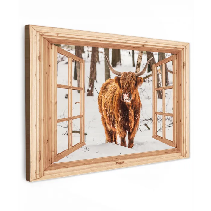 Schotse Hooglander - Winter - Landschap - Natuur - Dieren - Doorkijk Tuinposter op houten frame 2 cm dik klein -3d