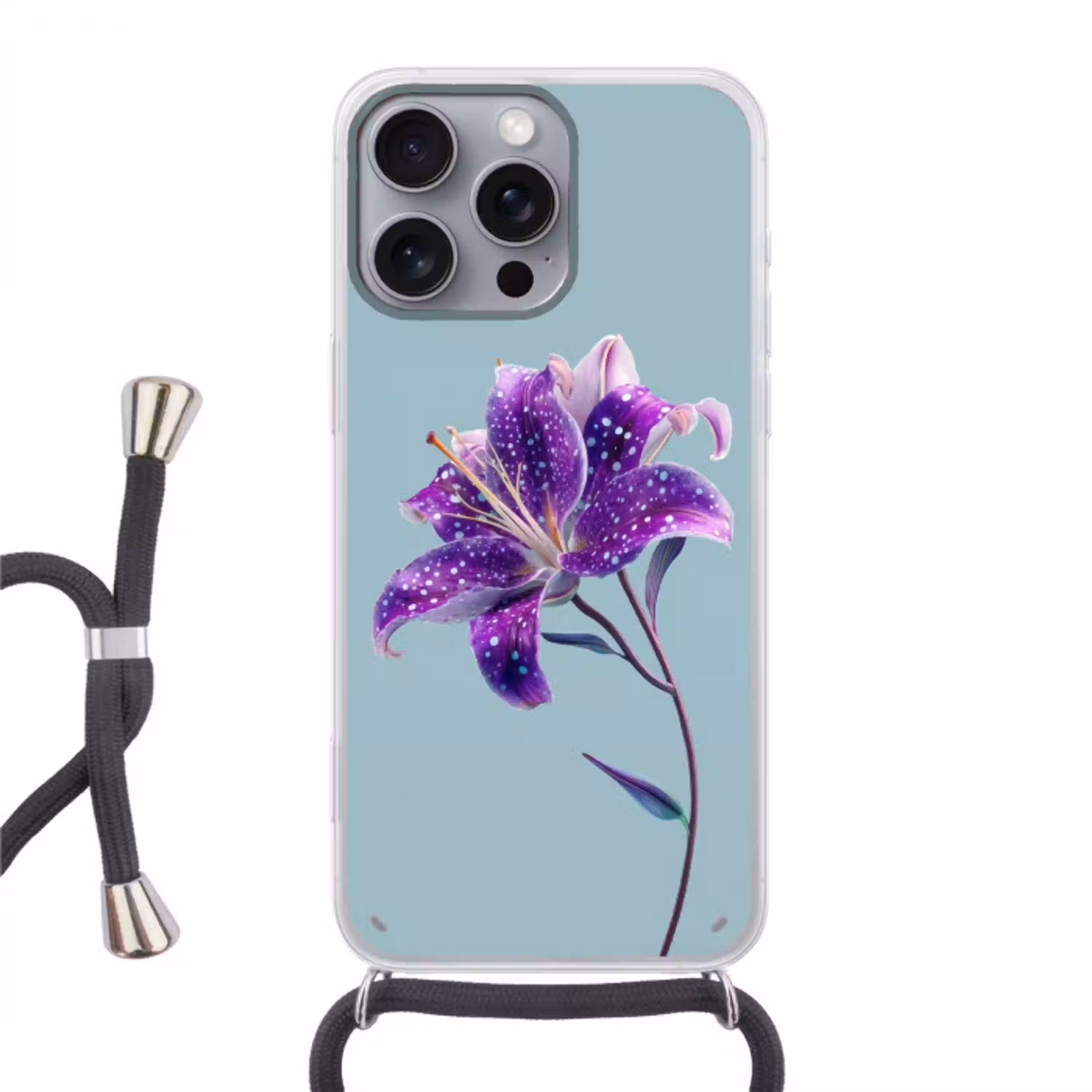 Lelie - Bloem - Paars - Stippen Hoesje iPhone 16 Pro Max met koord klein -3d