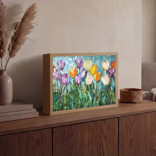 Mozaïek - Veld - Tulpen - Kleurrijk Light Box met batterij (Wandlamp) middel -sfeer2