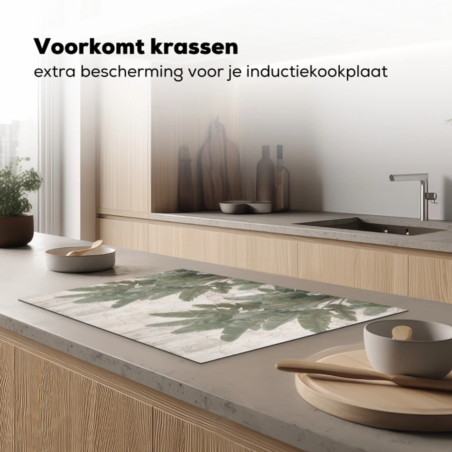 Bananenbladeren - Beton - Groen Inductie beschermer vinyl 3mm klein -sfeer1