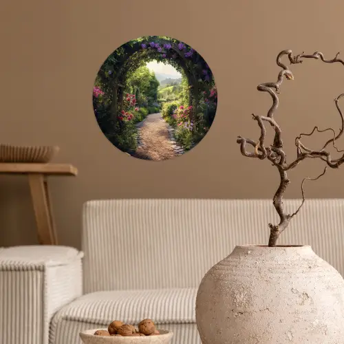 Doorkijk - Landschap - Bloemen - Tuinboog - Natuur Wandcirkel behangsticker klein -sfeer1