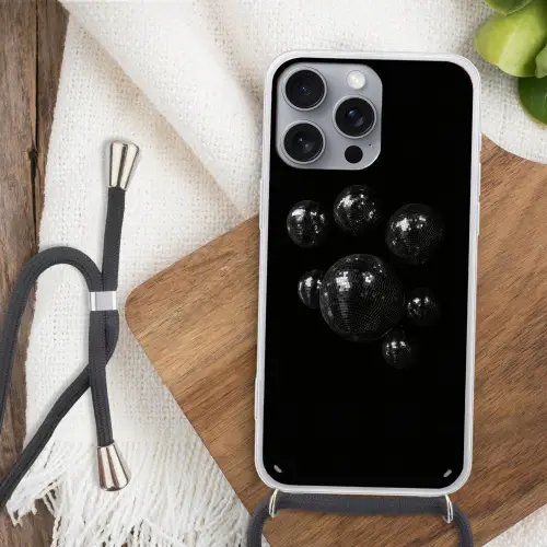 Discoballen - Minimalistisch - Zwart Hoesje iPhone 16 Pro Max met koord klein -sfeer4
