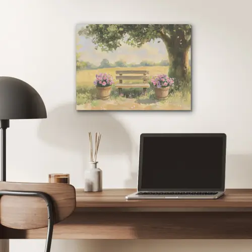 Houten bankje - Bloempotten - Landschap PET vilt klein -sfeer5
