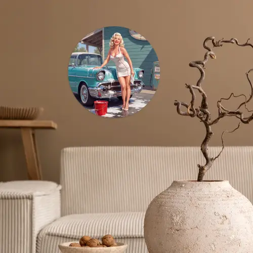 Auto - Vrouw - Groen Wandcirkel behangsticker klein -sfeer1