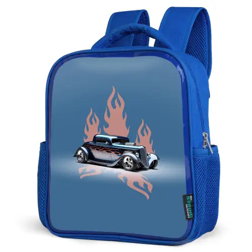 Blauwe auto met roze vlammen Kinderrugzak - Blauw middel -schuin