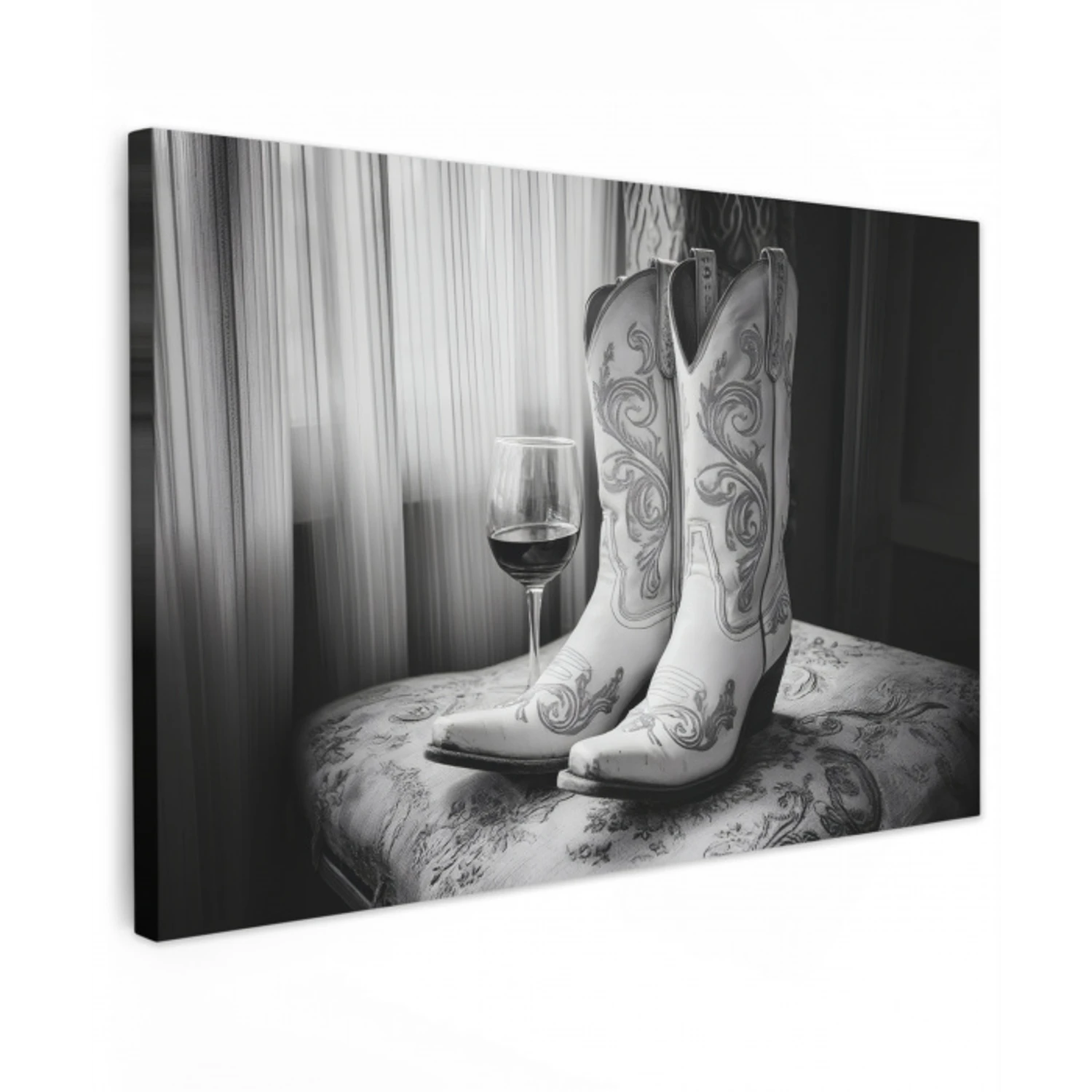 Wijn - Cowboylaarzen - Raamlicht - Wit Tuinposter op houten frame 2 cm dik klein -3d