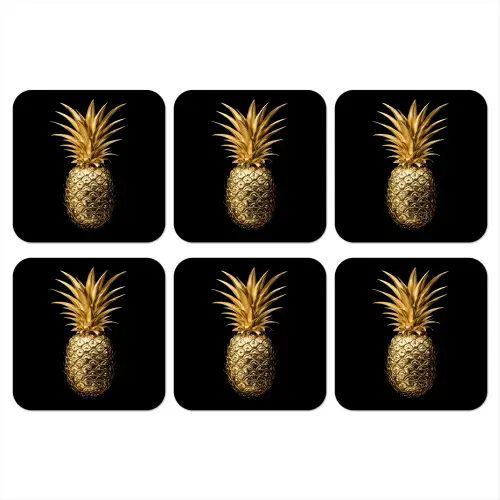 Ananas - Zwart - Goud - Luxe onderzetter kurk middel -3d