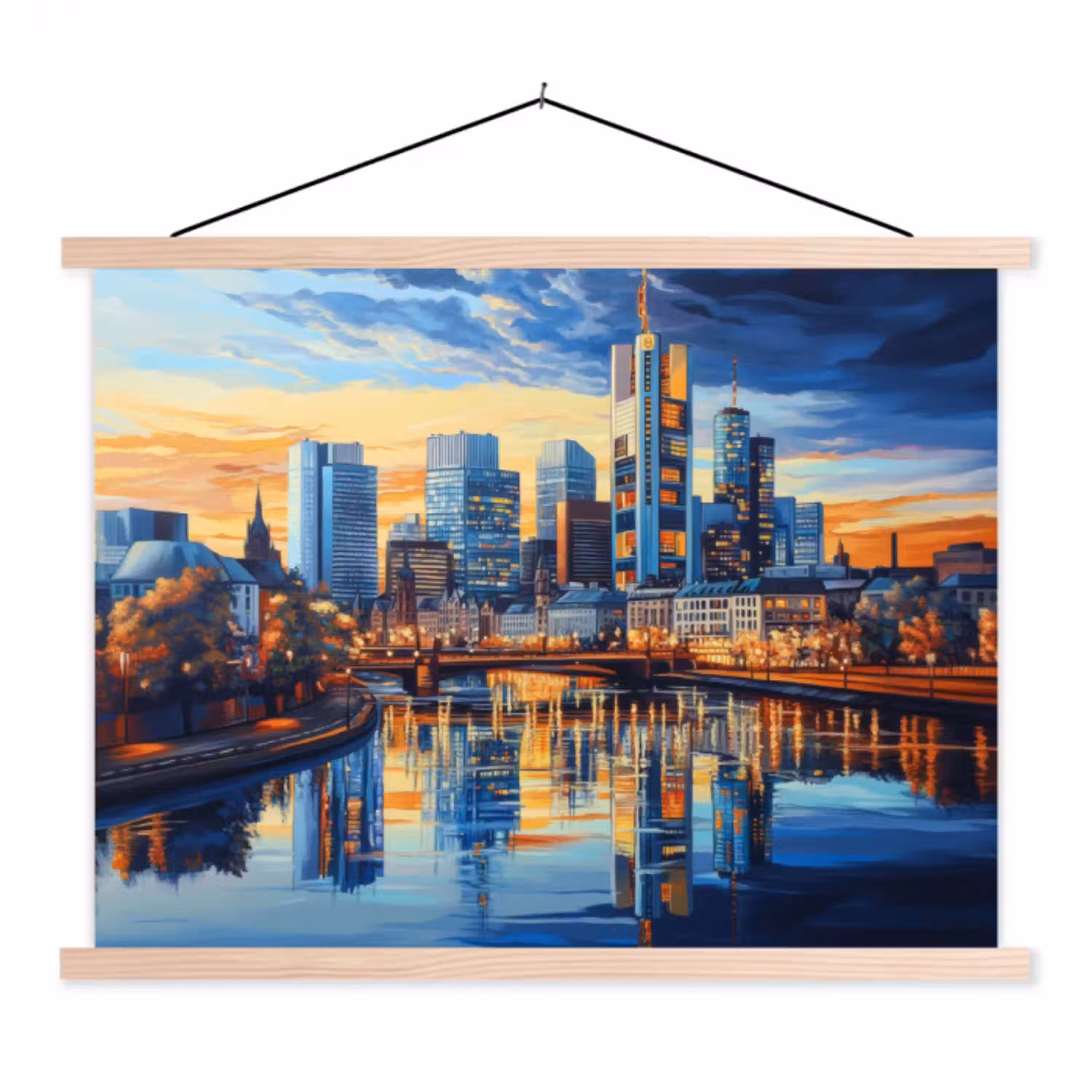 Zonsondergang Frankfurt - Stad - Skyline - Water textielposter latten blank klein -3d