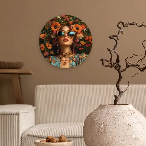 Vrouwen - Bloemen - Modern - Bril - Abstract Wandcirkel plexiglas klein -sfeer1