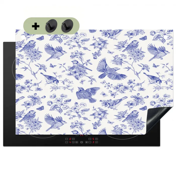 Birds - Flowers - Blue Inductie beschemer met haakjes klein 777 -3d