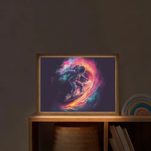 Astronaut - Ruimte - Surfen - Kleurrijk Light Box met batterij (Wandlamp kind) middel -sfeer1_kind