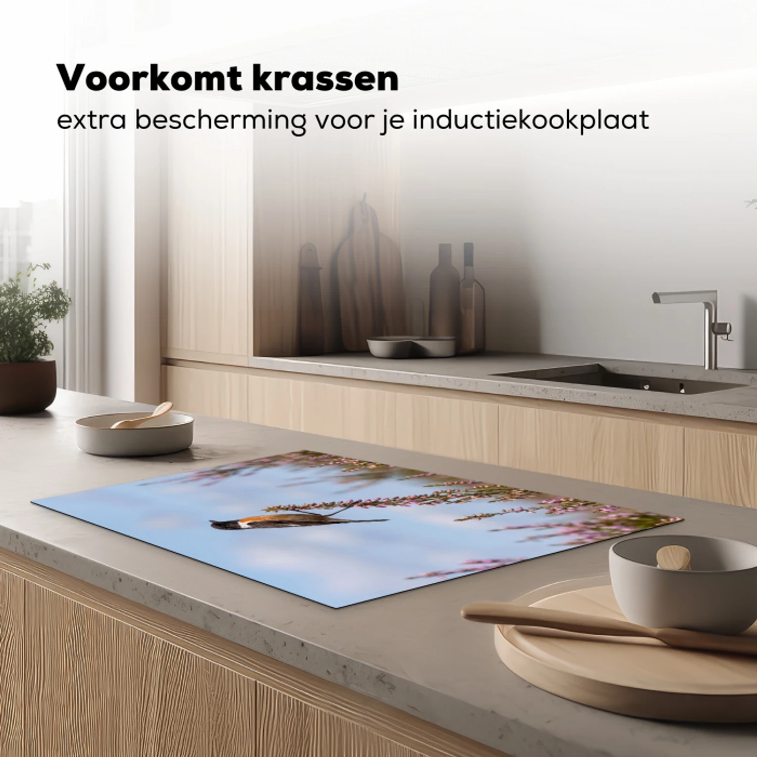 Roodborsttapuit - Heide - Paars - Natuur - Sfeervol Inductie beschermer vinyl 3mm klein -sfeer1