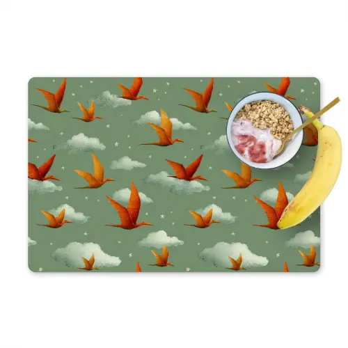 Dinosaurussen - Wolken - Sterren - Oranje Placemat vinyl groot -zzzproduct_Kitchenyeah-website