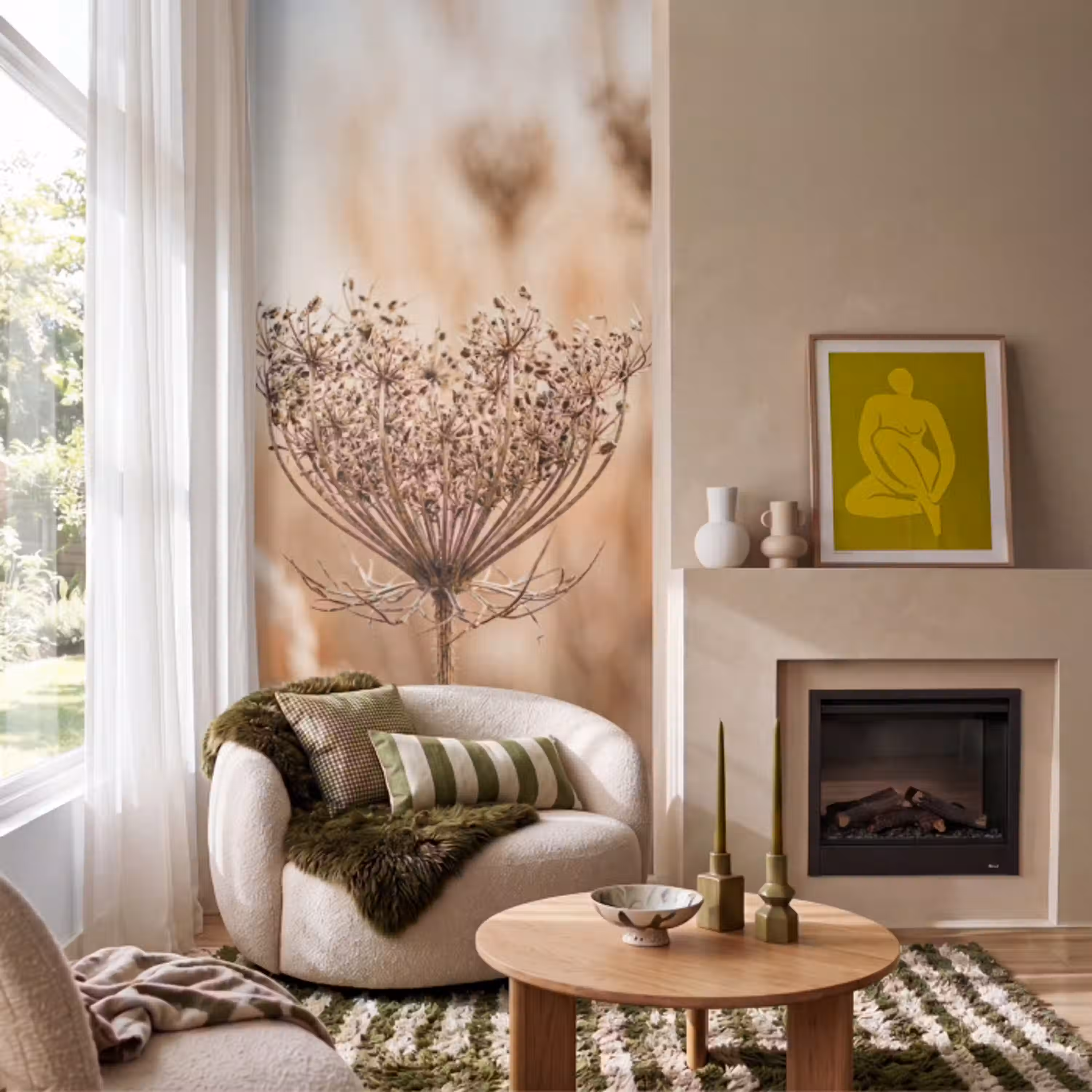 Schermbloem - Droogbloem - Winter - Beige - Minimalistisch Behang Vlies klein -sfeer2