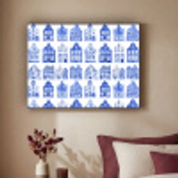 Patroon - Huizen - Blauw Textielframe zwart klein 947 -sfeer1