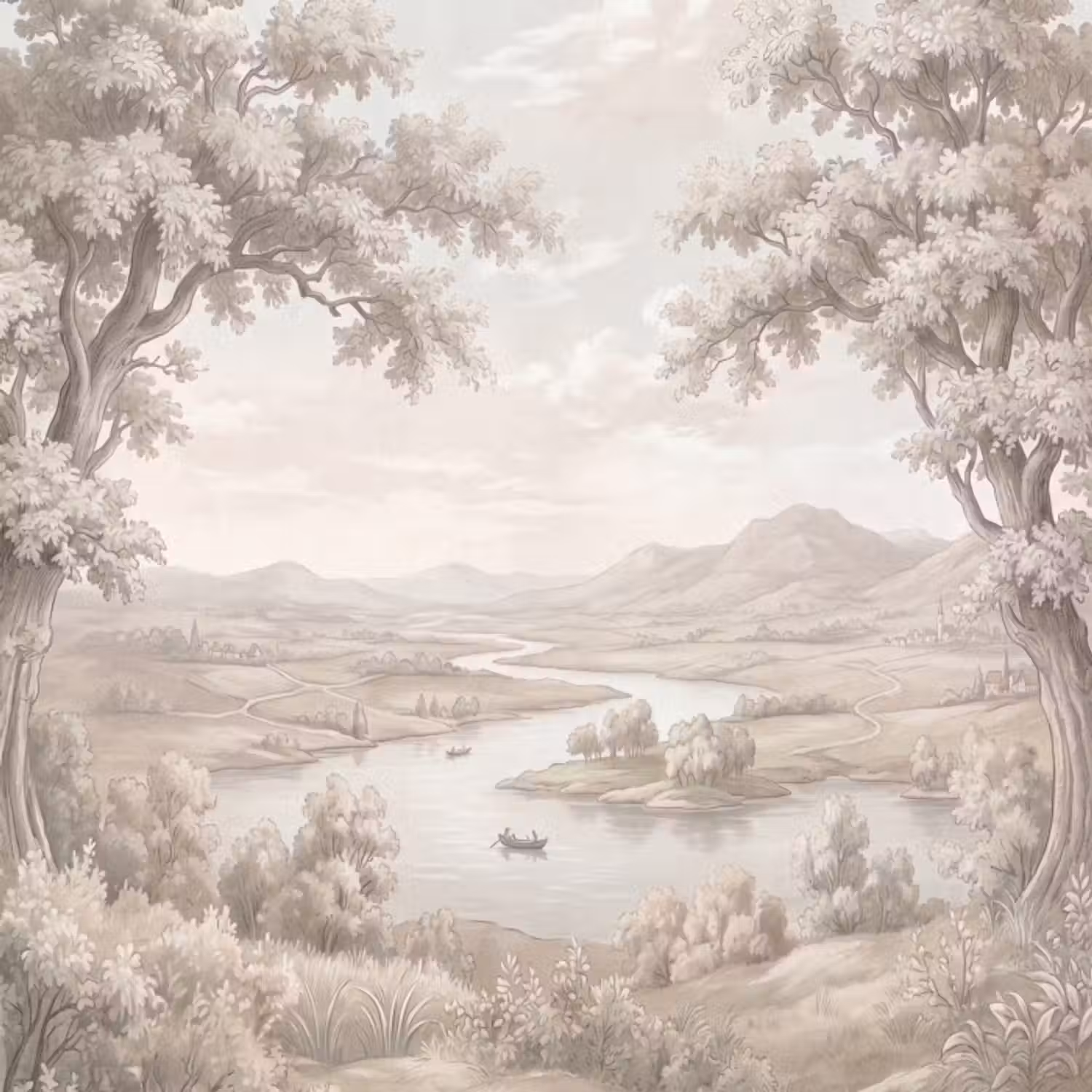 Behang - Rivierlandschap - Bergen - Natuur - Vintage - Beige